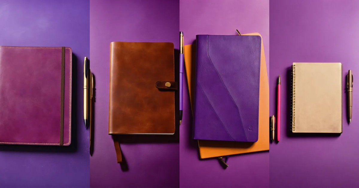Lexica Leather notebook with pen lying on a white table, top view