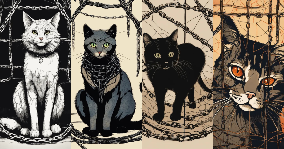 Lexica - A cat in a web of chains in the style of Japanese ink drawing