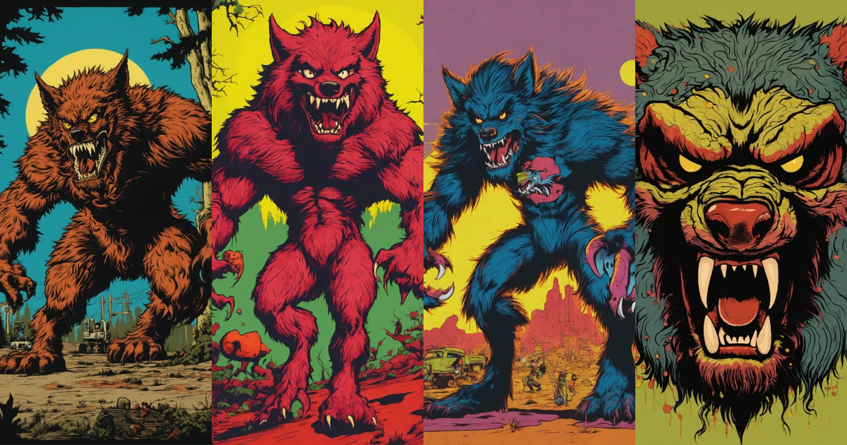 Lexica - Werewolf monster, in the style of ed roth, screen printing ...