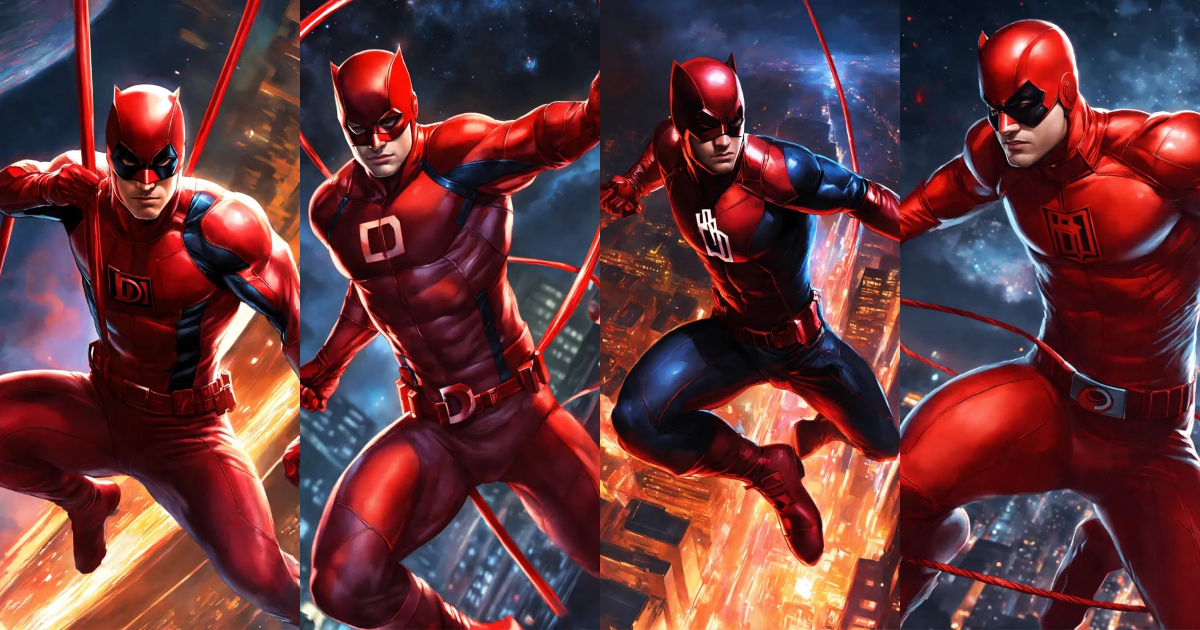 Lexica Daredevil, flying through night sky, holding red sticks