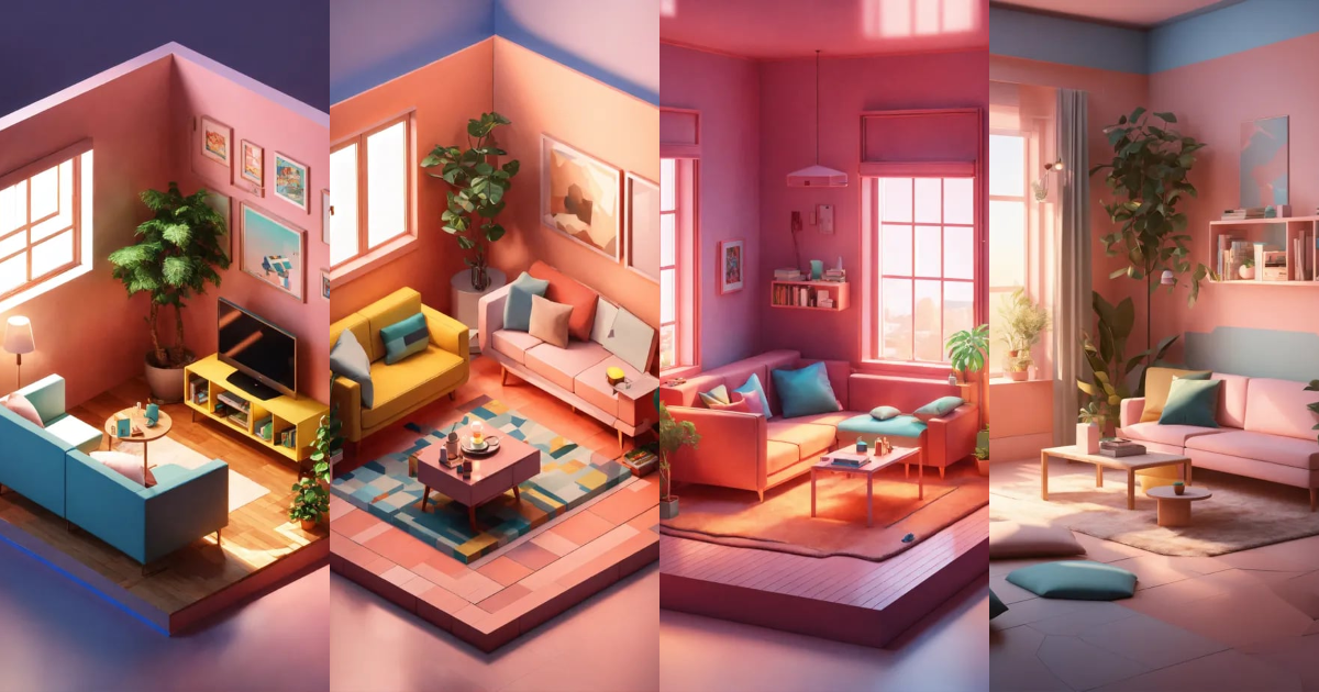 Lexica - Cube cutout of an isometric living room, 3d art, pastel colors ...