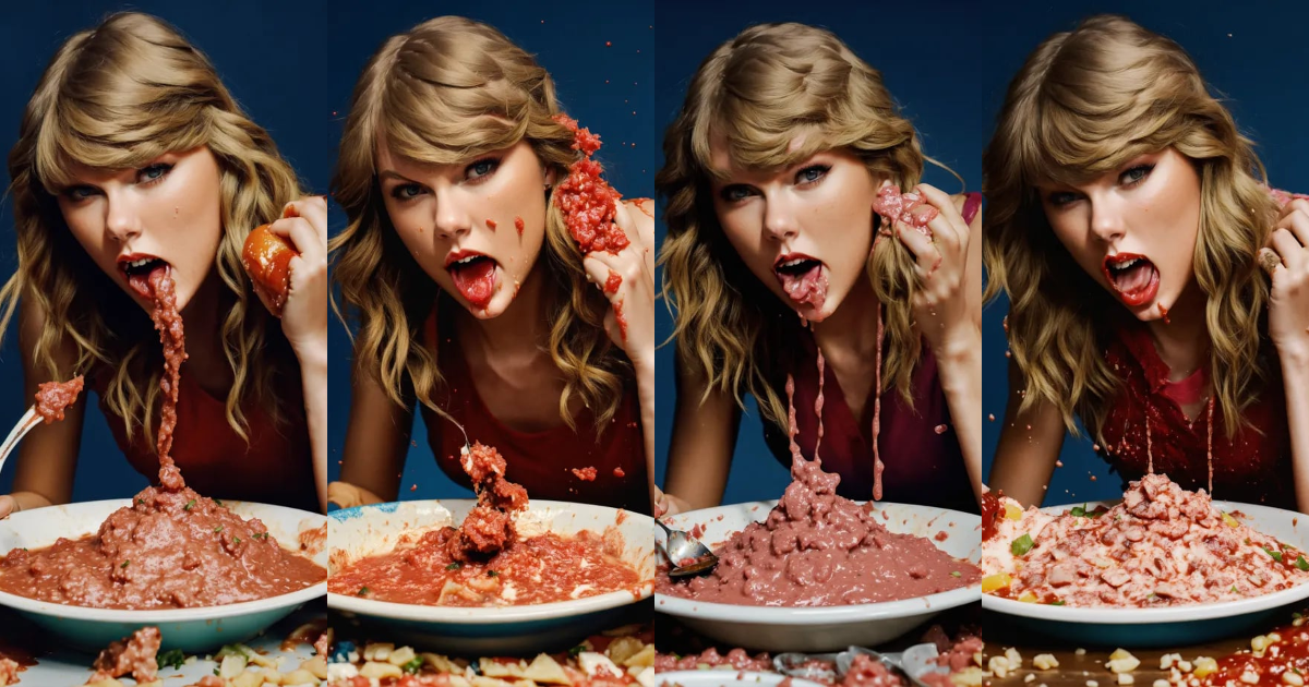 Lexica - Photo realistic shot of taylor swift eating a pile of slop ...