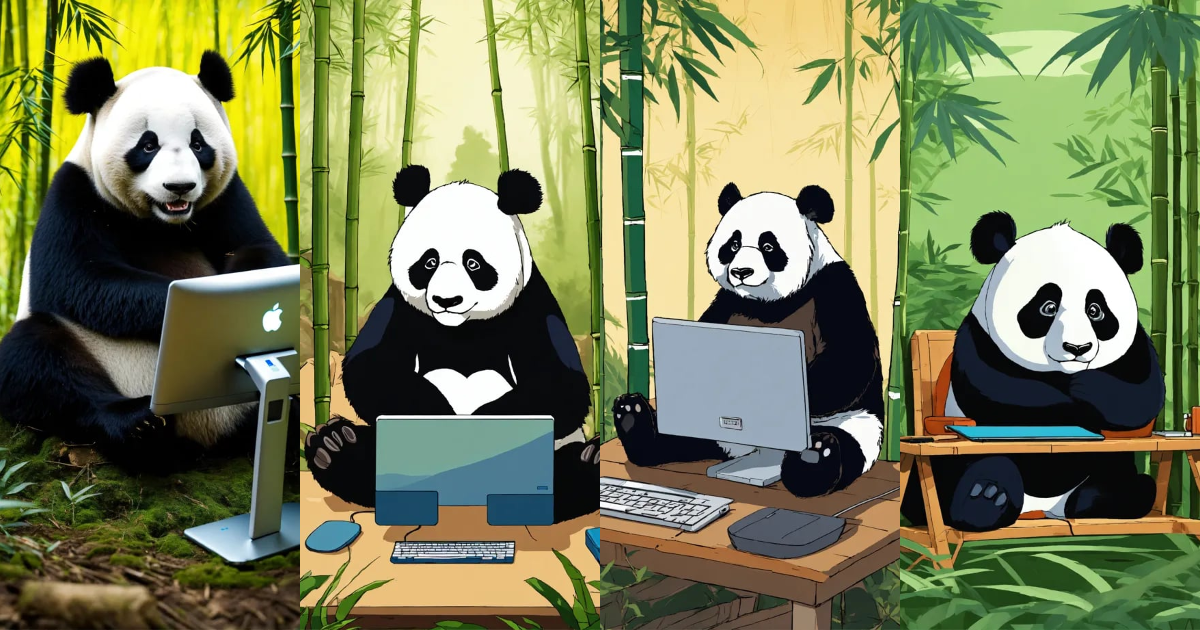Lexica - A confused panda sitting at a computer in the middle of a ...