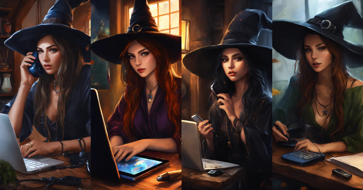 Lexica - Drawing witch on the phone on her computer realistic