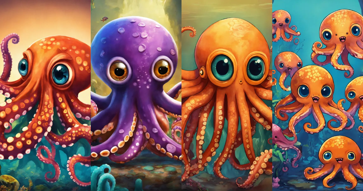 Lexica - Octopuses, 8 tentacles, big eyes, big fang, cartoon