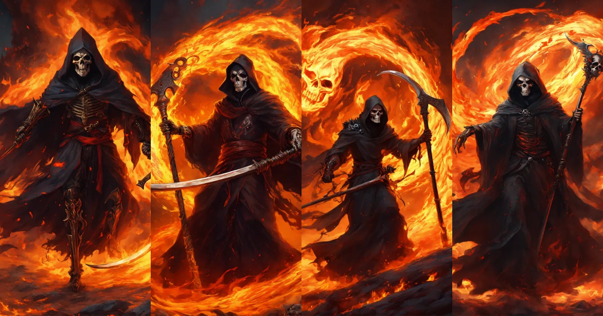 Lexica - Attacking grim reaper with flaming scythe, tattered flowing ...