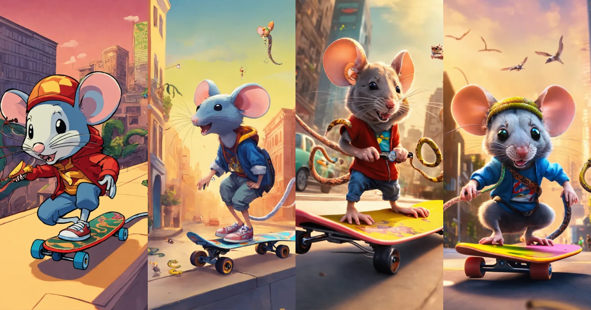 Lexica - A mouse riding a skateboard with snakes for Hair, playing a ...
