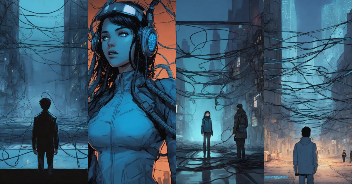 Lexica - Illustrate a dystopian comic where humans are plugged into an ...