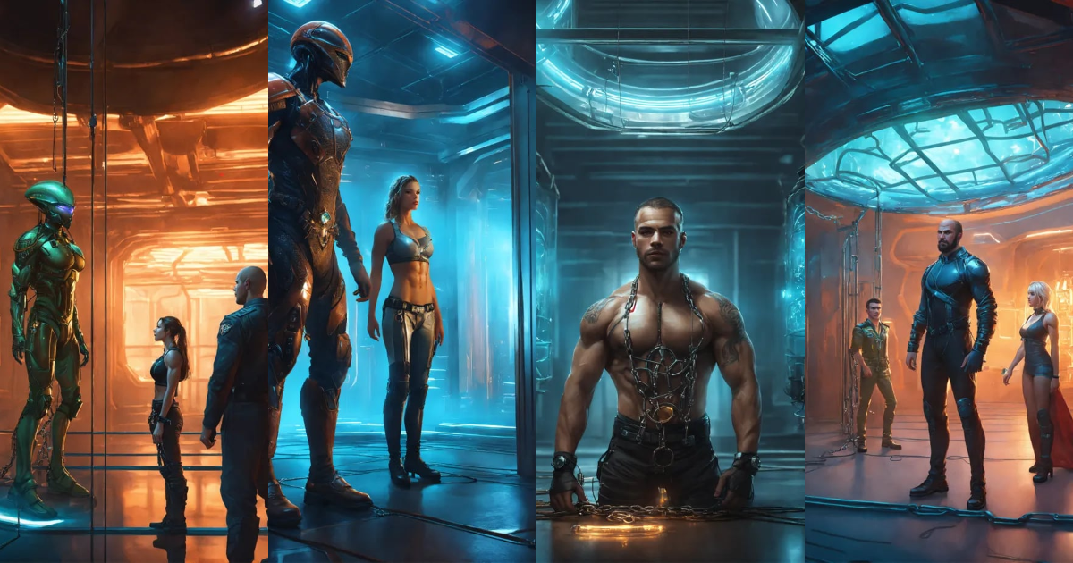 Lexica - Human male and female captives chained inside a futuristic ...