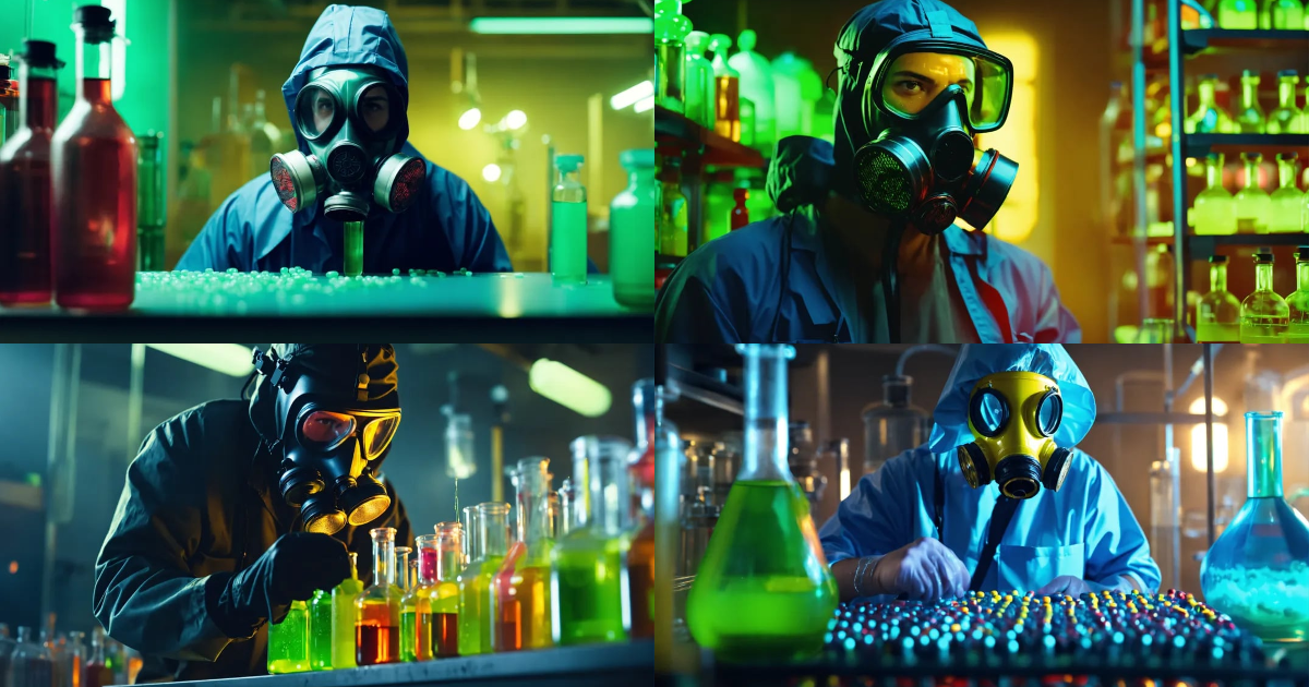 Lexica - Toxic. crazy man chemist wearing gas mask. working in a modern ...