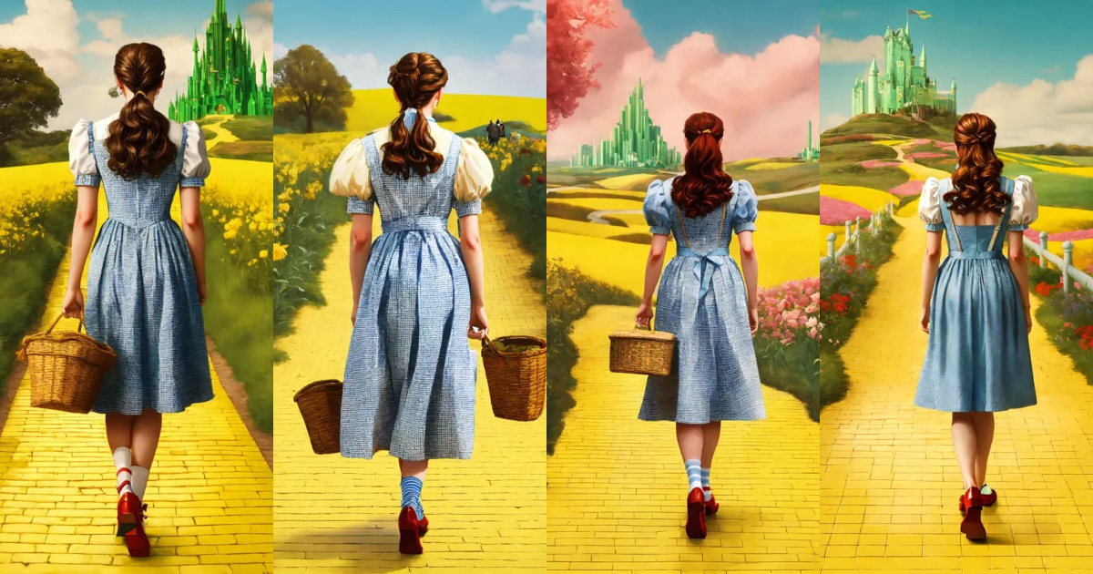 Lexica - A realistic photograph of Dorothy in The wizard of Oz walking ...