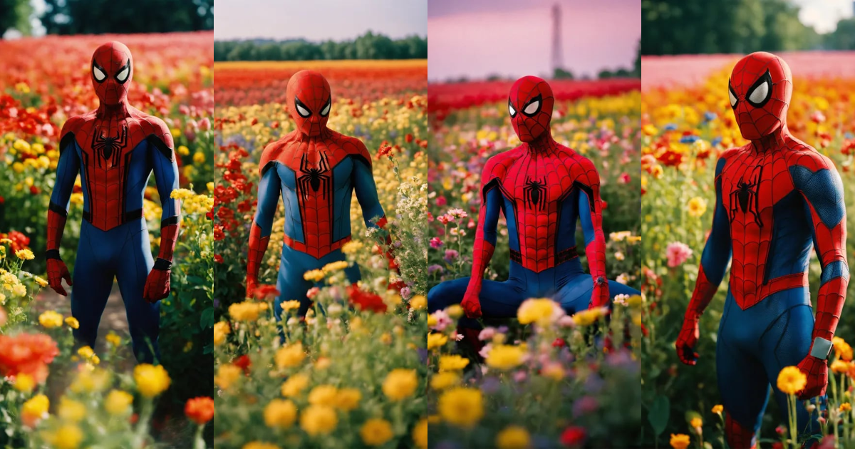 Lexica - Happy Spider-Man standing in a beautiful field of flowers