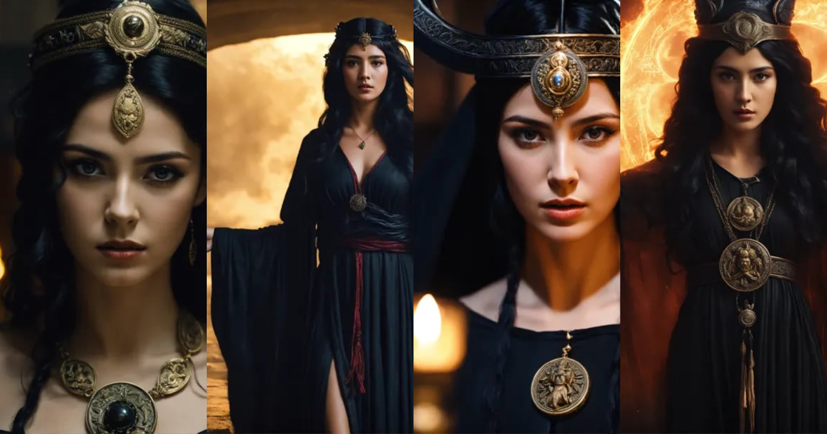 Lexica - Cinematic, greek goddess Hecate, black hair, flowing black ...