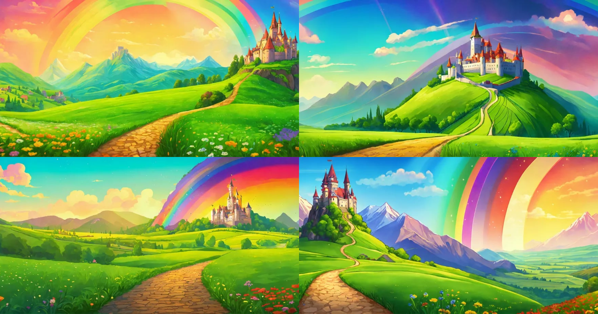 Lexica - Fantasy cartoon landscape with a green field with moutains and ...