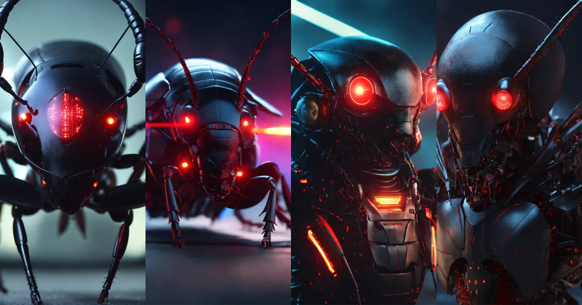 Lexica - Zoom out of black cockroach faced humanoid with red glowing ...