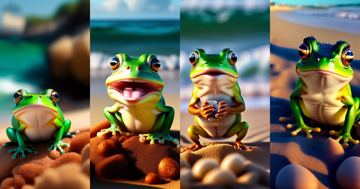 Lexica - A crazy frog eating peanuts on the beach