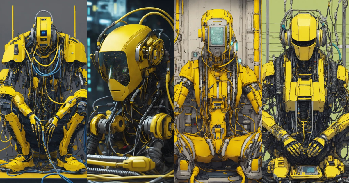 Lexica - Faceless cyberpunk robot with many cables and hoses sitting ...