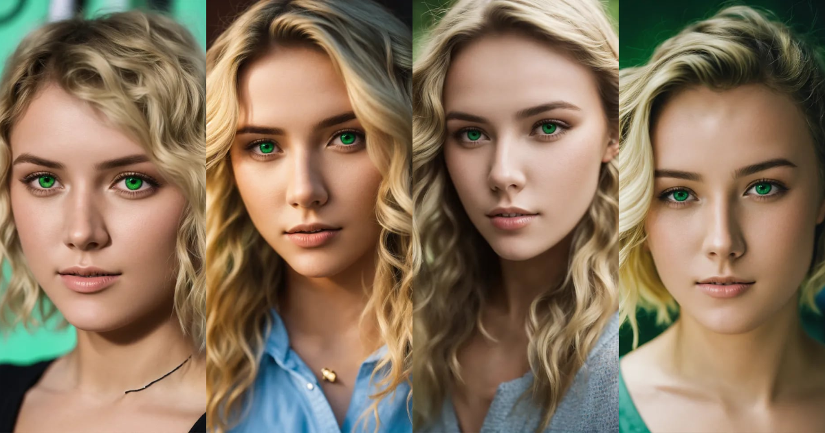 Lexica - A young woman with short blonde wavy hair with bright green eyes