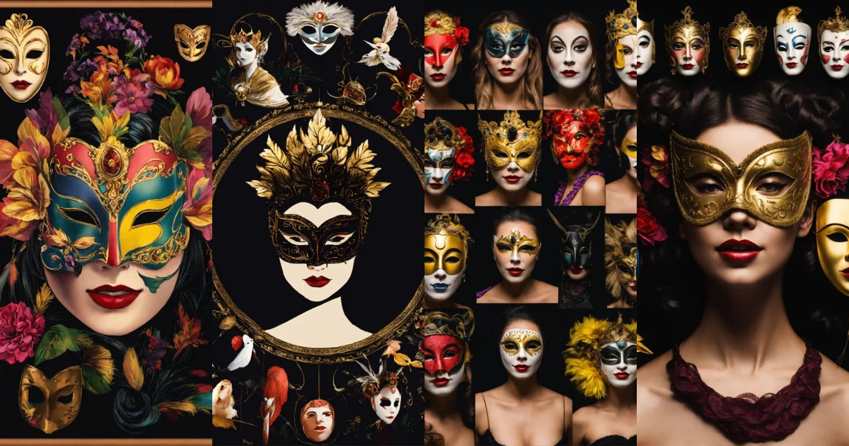 Lexica - A woman who tries to put on different theatrical masks and ...