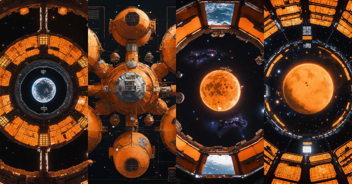 Lexica - Entire giant orange space station in dark space from top with ...