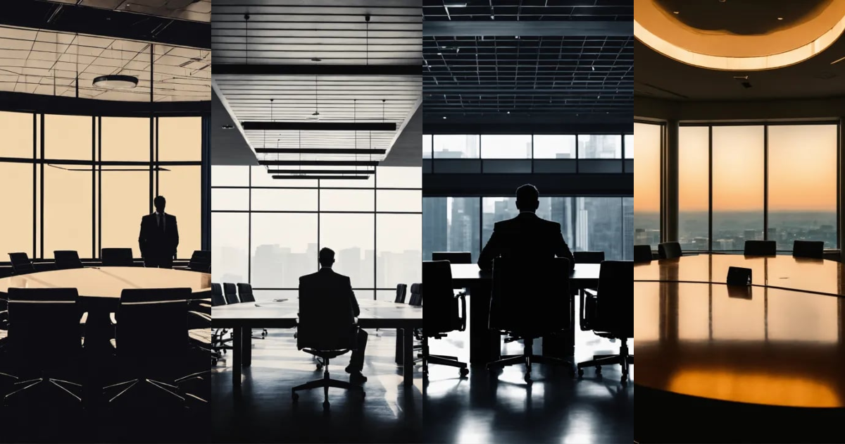 Lexica - A boss sitting around a huge conference table alone, corporate ...