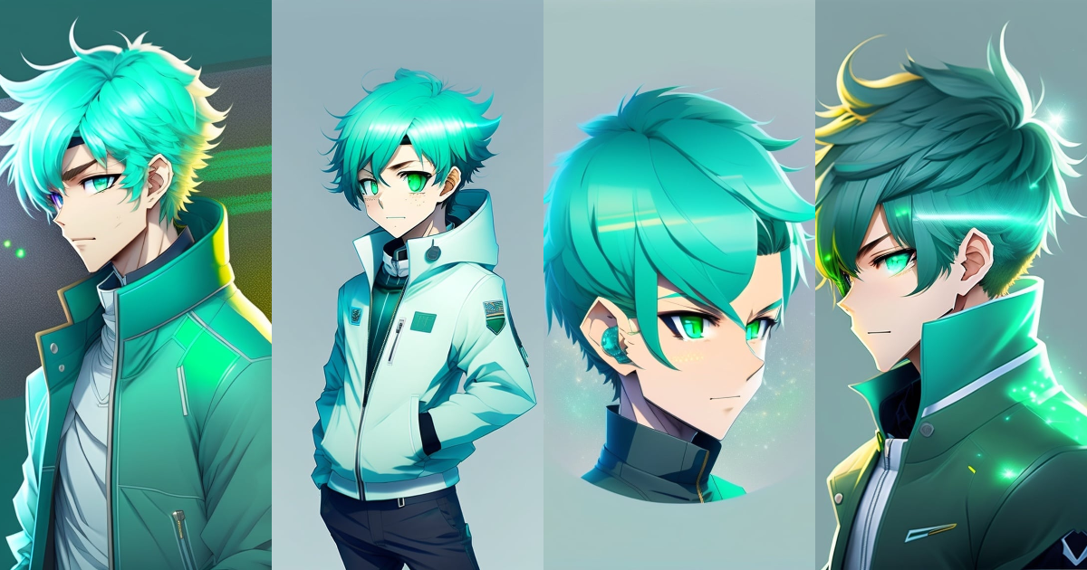 Lexica - Anime boy with green hairs and sparkling cyan eyes with a ...