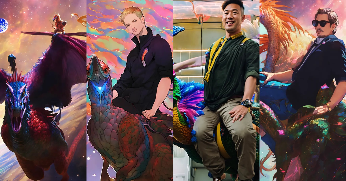 Lexica - This man riding a flamingo dragon in space, high contrast ...