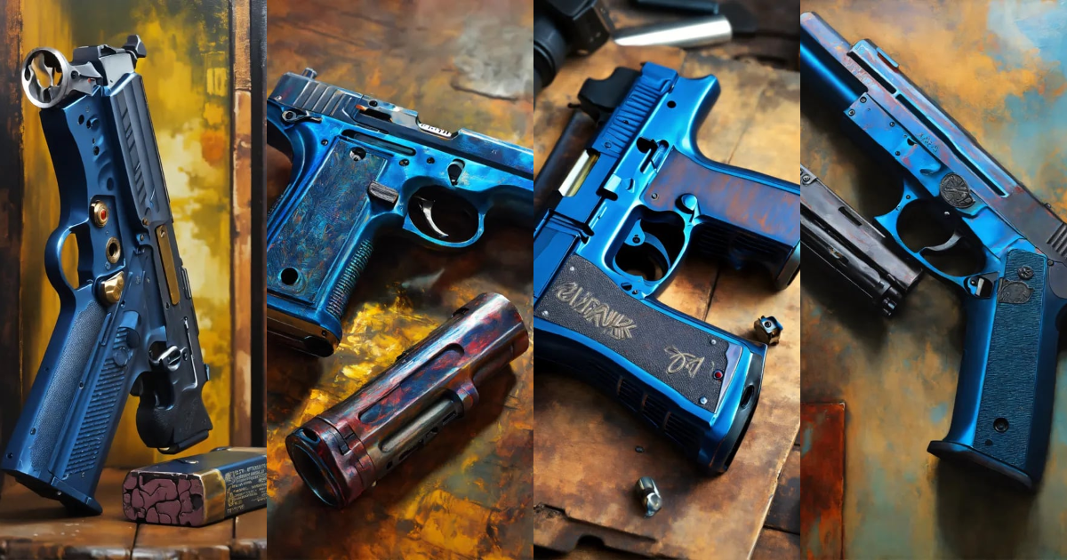 Lexica - Cyberpunk handgun 45 8 round magazine, Metalic gun blue gritty ...