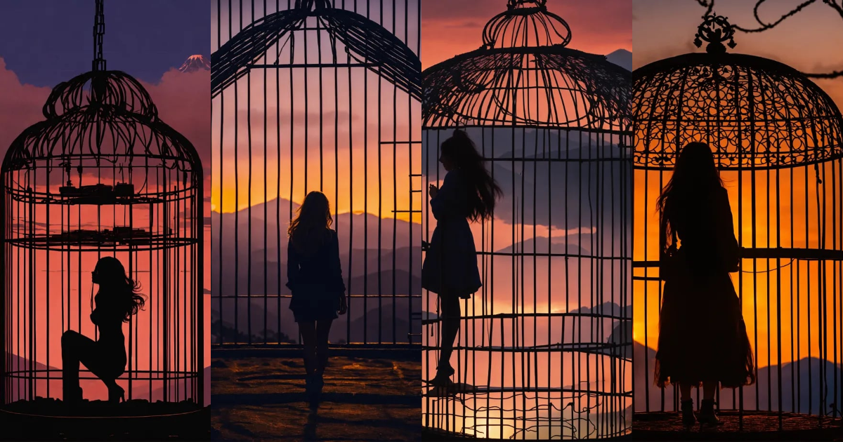 Lexica - The silhouette of a woman with long hair trapped in a cage ...