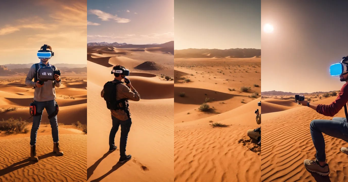 Lexica - Show a person playing a VR game in a desert.