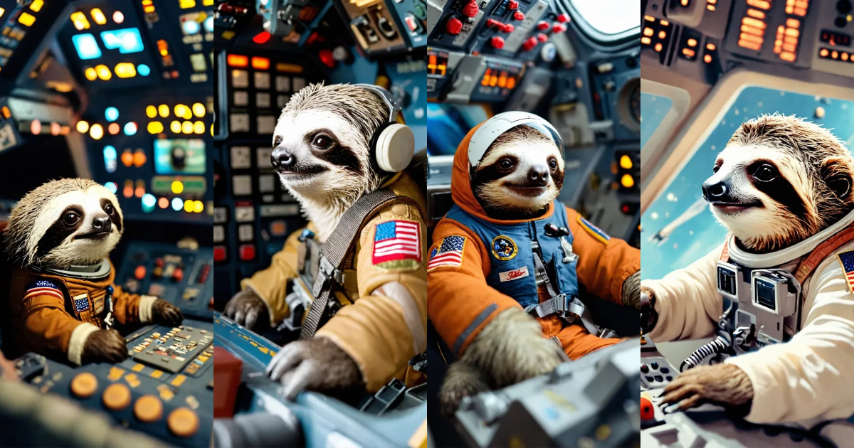 Lexica - A cute and tiny sloth captain inside the Space Shuttle's ...