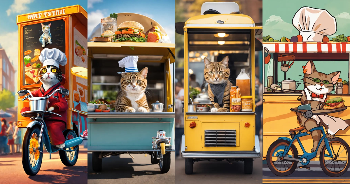 Lexica - Create a picture of a cat riding a bike as a chef in a food ...
