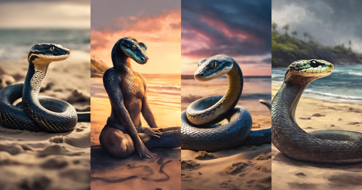 Lexica - Sly snake doing yoga at the beach, Charcoal sketch, 8k, mysterious