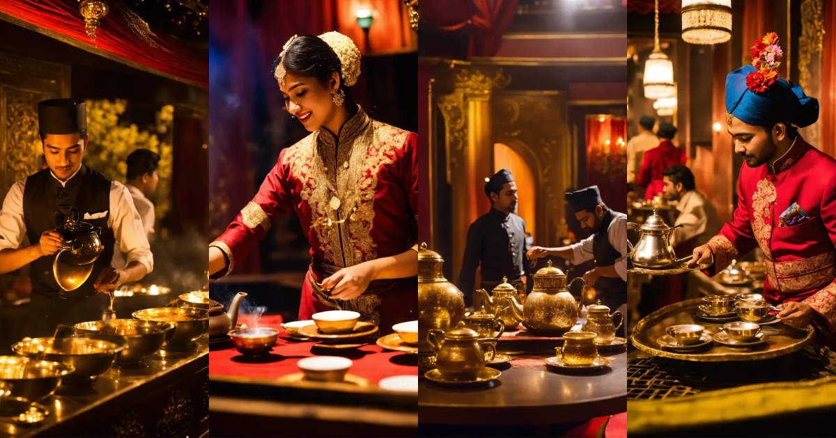 Lexica - Skilled servers pour Chai tea in a theatrical manner, offering ...