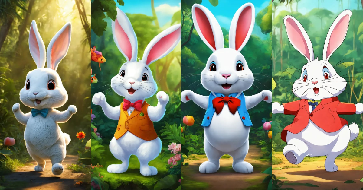 Lexica - Let cartoon big white rabbit walk on two legs in jungle