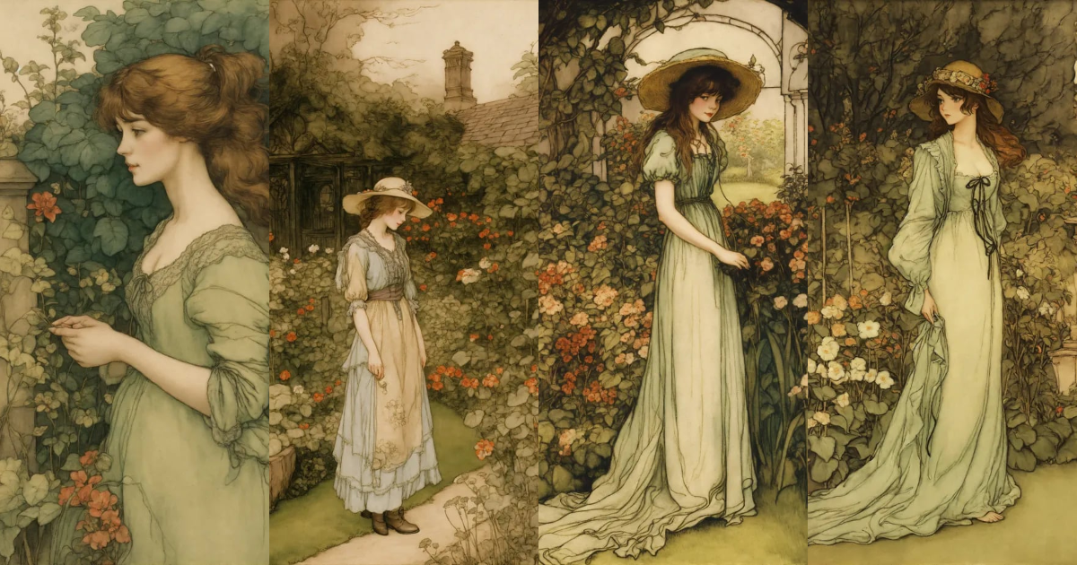Lexica - '' A Young Woman in a Garden'' by Arthur Rackham
