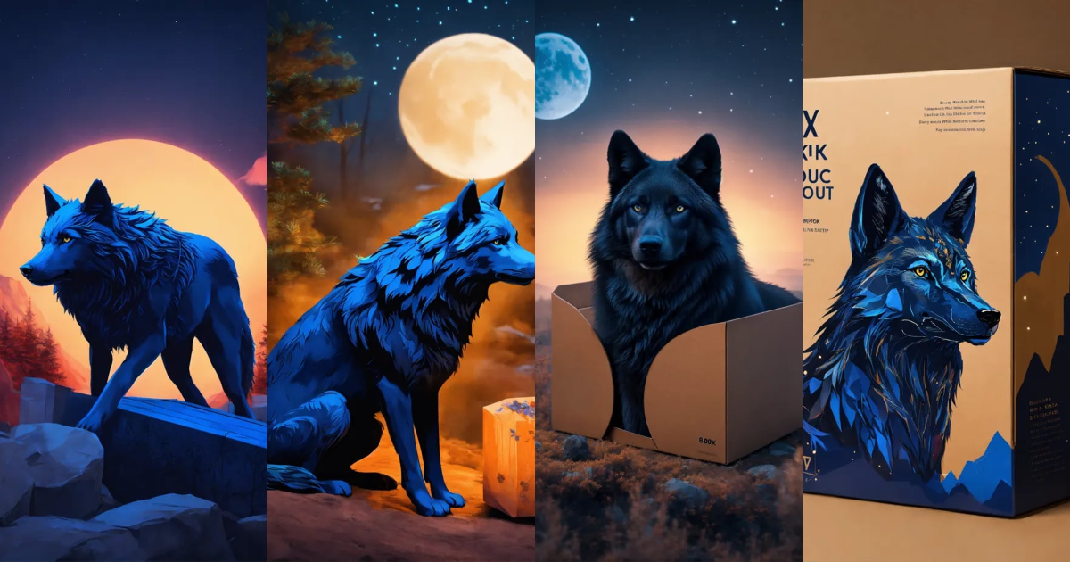 Lexica - Boxes mockup with a beautiful black wolf, 8k, blue night theme