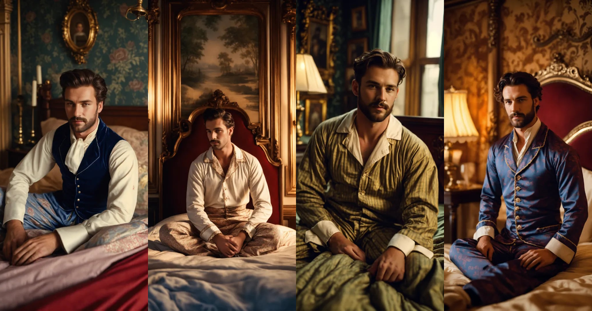 Lexica Very much handsome Victorian man , wearing Victorian pajamas