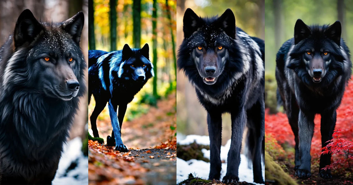 Lexica - Massive, black fur, wolf, in the woods, red eyes, up close