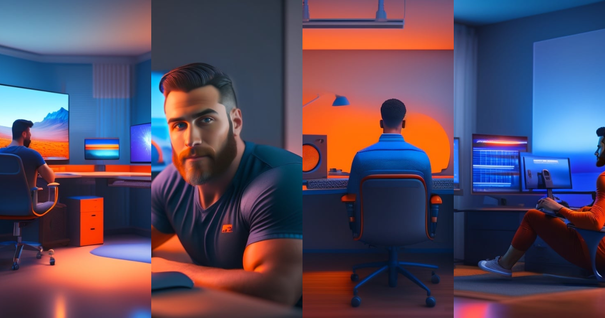 Lexica - A man sitting in a chair in front of a editing computer setup ...