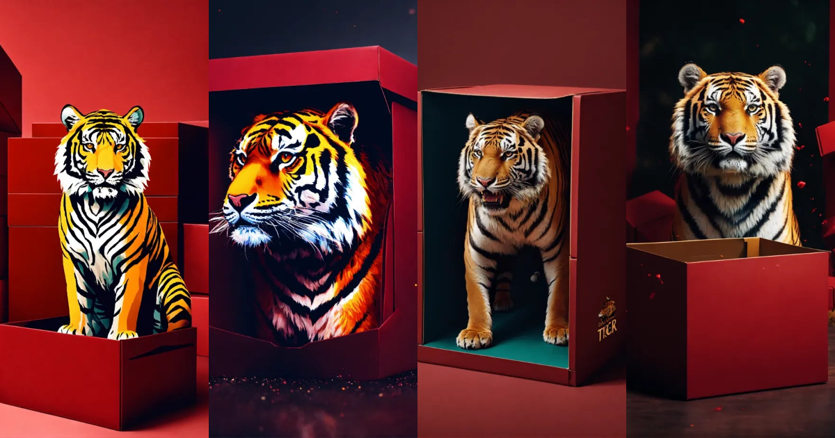 Lexica - Dark red boxes mockup of a tiger coming out of the box, 8k