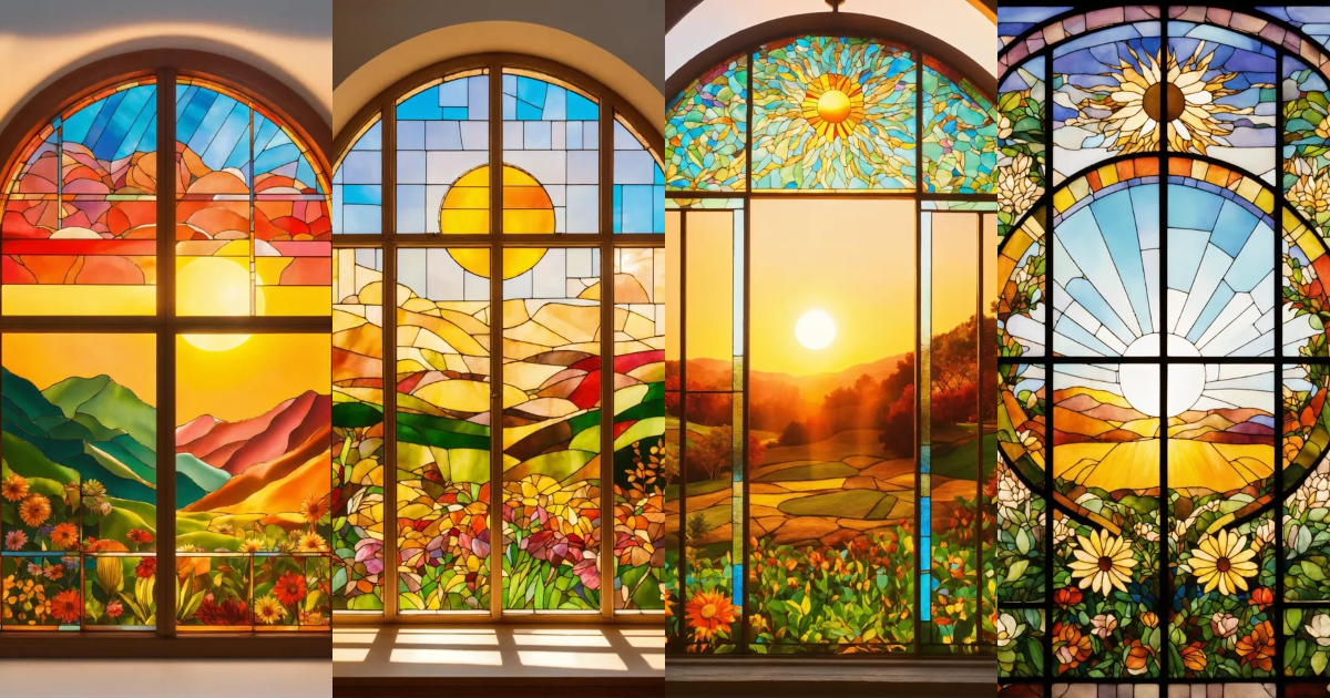 Lexica - A vitral window, with colorful nature motives and a big sun in ...