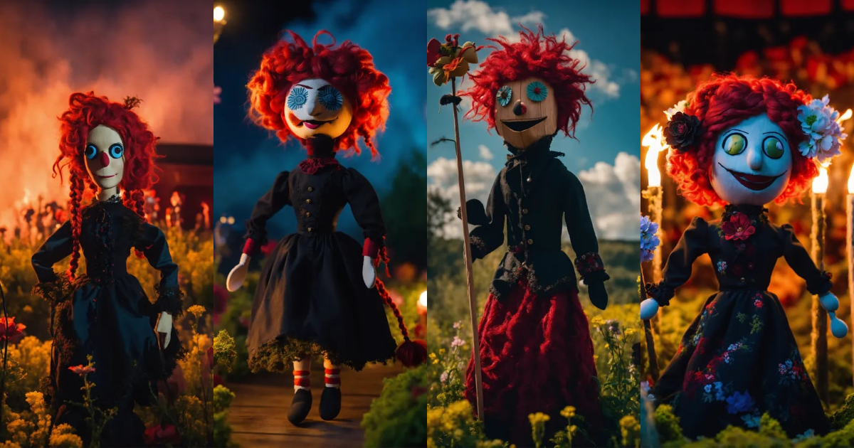Lexica - One wooden puppets, a red-haired monster l with braids, happy ...