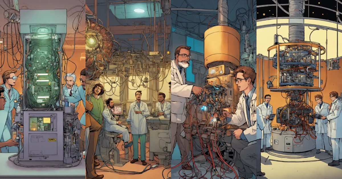 Lexica - Comic A group of scientists excitedly gather around a machine ...