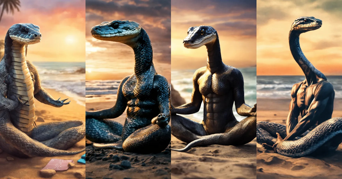 Lexica - Sly snake doing yoga at the beach, Charcoal sketch, 8k, puzzling
