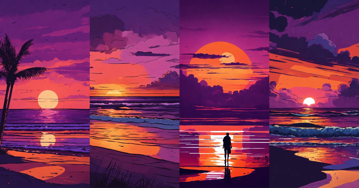 Lexica - Beach, dark purple sunset with orange, comic type