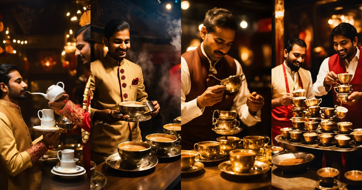 Lexica - Skilled indian server pouring Chai tea from one cup to another ...