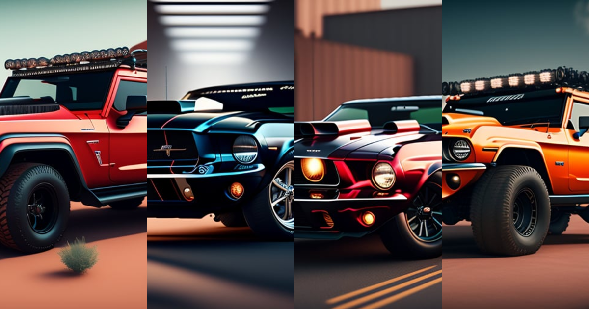 Lexica - Mechanized garrage, ford mustang, hummer, neorealist art room ...