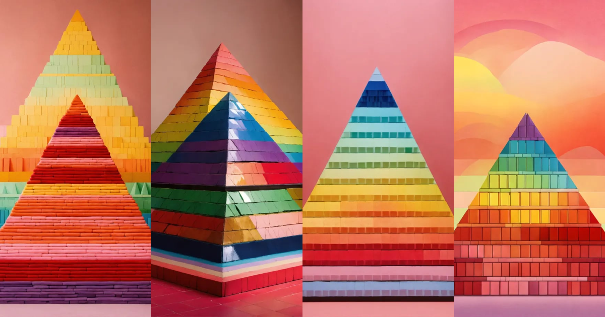 Lexica - Pyramid, split in 5 rows, each row with a rainbow sequence ...