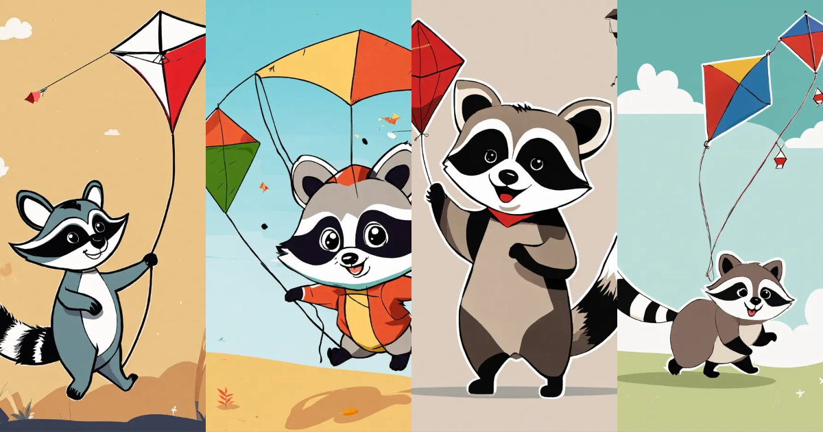 Lexica - A simple abstract cute raccoon flying a kite with a white ...